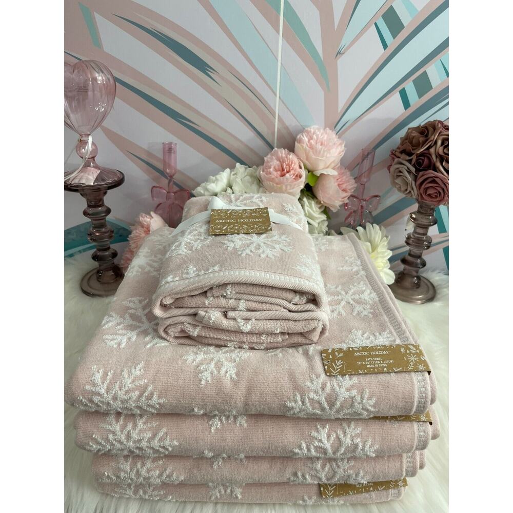 Arctic Holiday 6 Pc White SNOWFLAKE PINK Christmas Bath & Hand Towel Set NWT